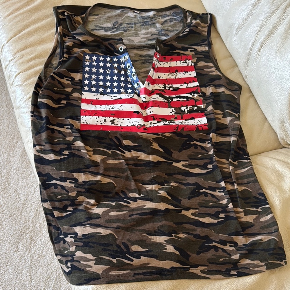 Amazon Camo Sleeveless Top with Flag Design